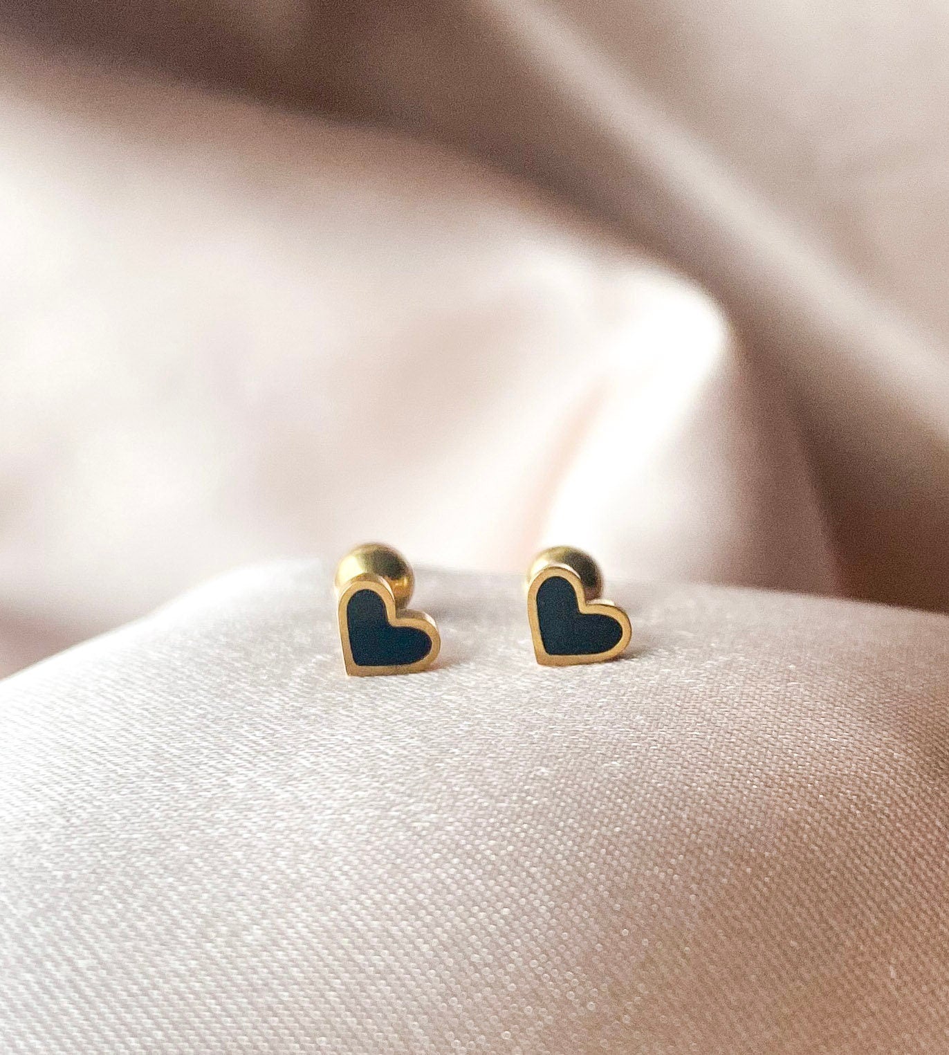 Tiny Black Heart Screw Back Earrings - Hypoallergenic Surgical Steel