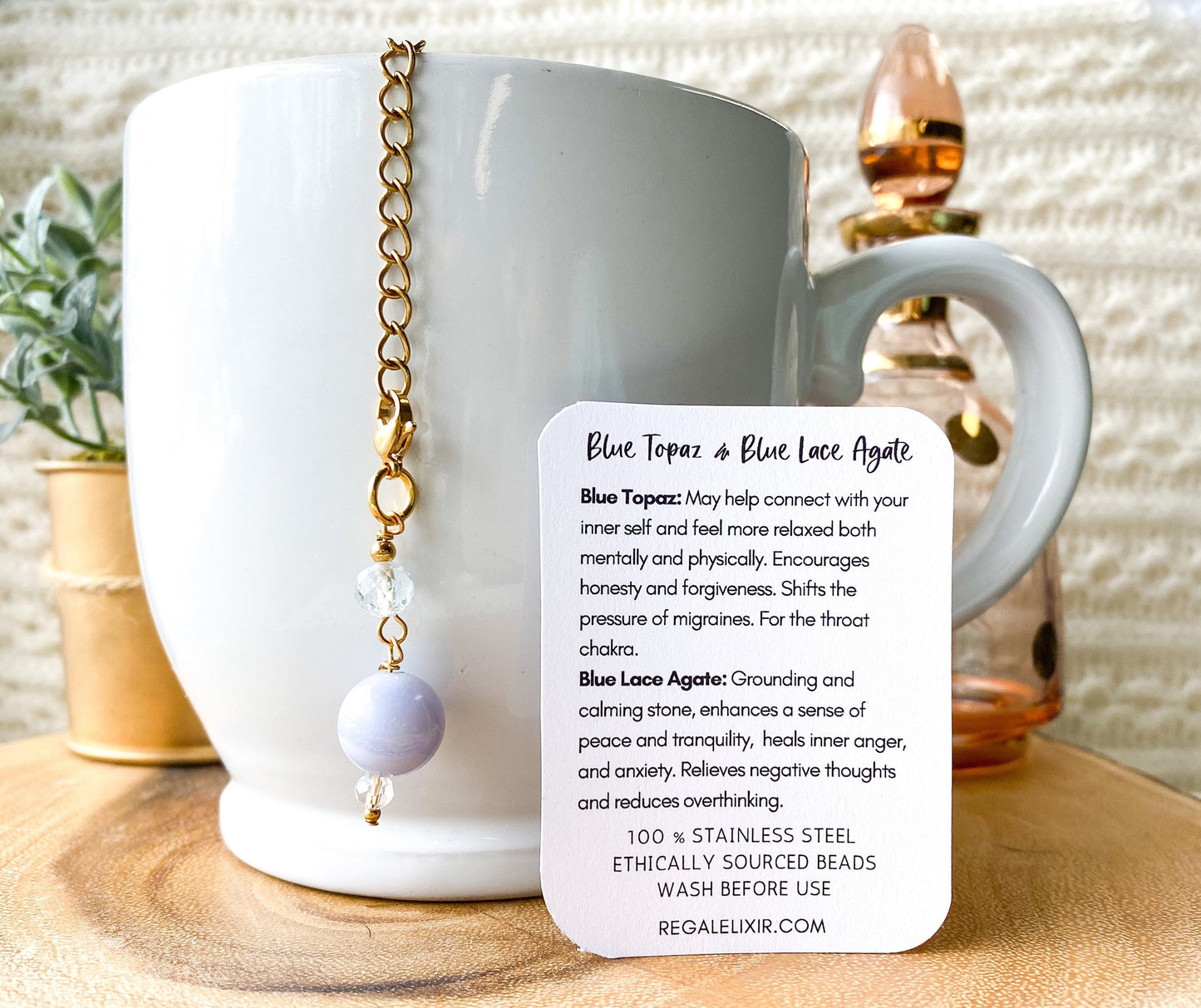 Crystal Tea Infuser Set - Blue Lace Agate Design with Tea Strainer and Crystals - Ideal Gift for Tea Lovers
