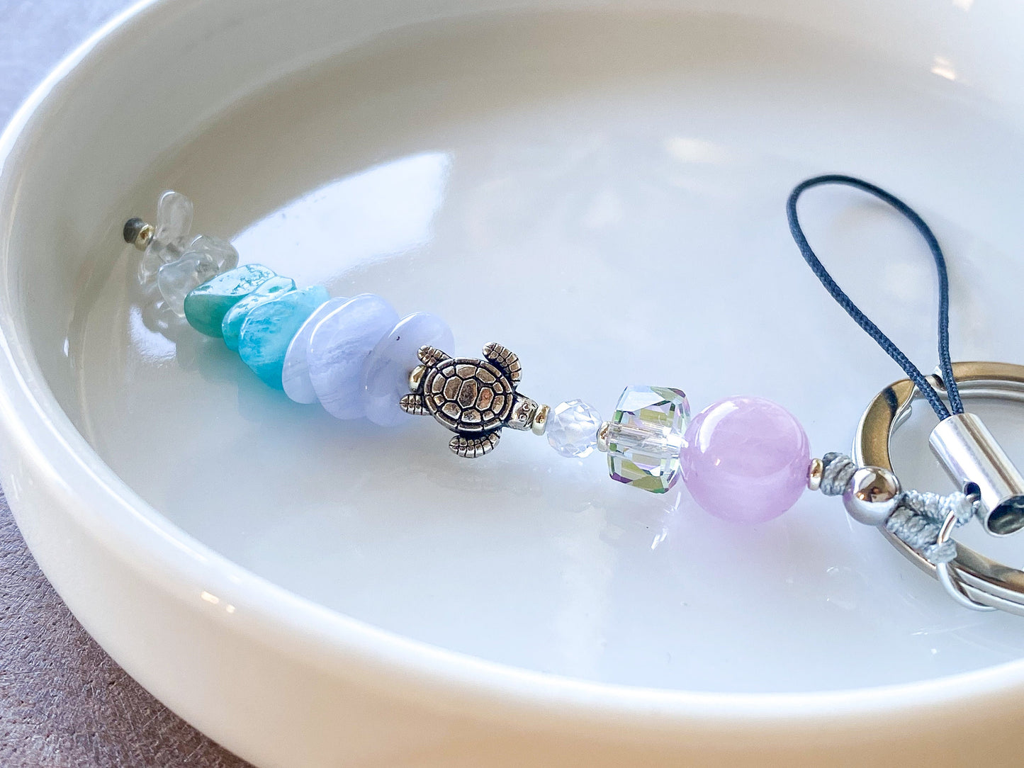 Blue Lace Agate Keychain with Turtle Kunzite Clear Quartz and Amazonite