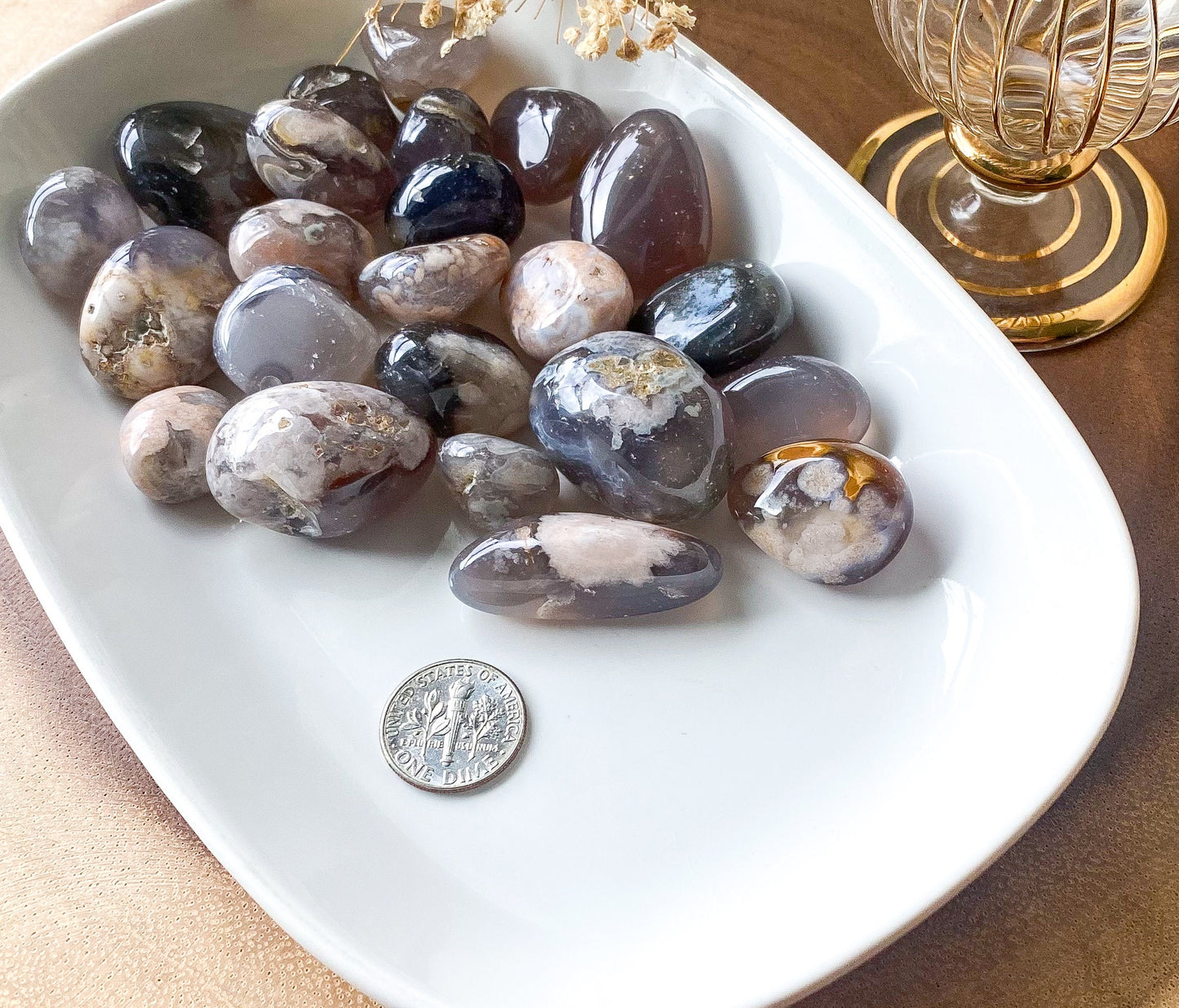 a pile of rocks sitting on top of a white plate