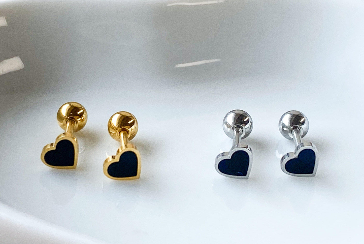 Tiny Black Heart Screw Back Earrings - Hypoallergenic Surgical Steel