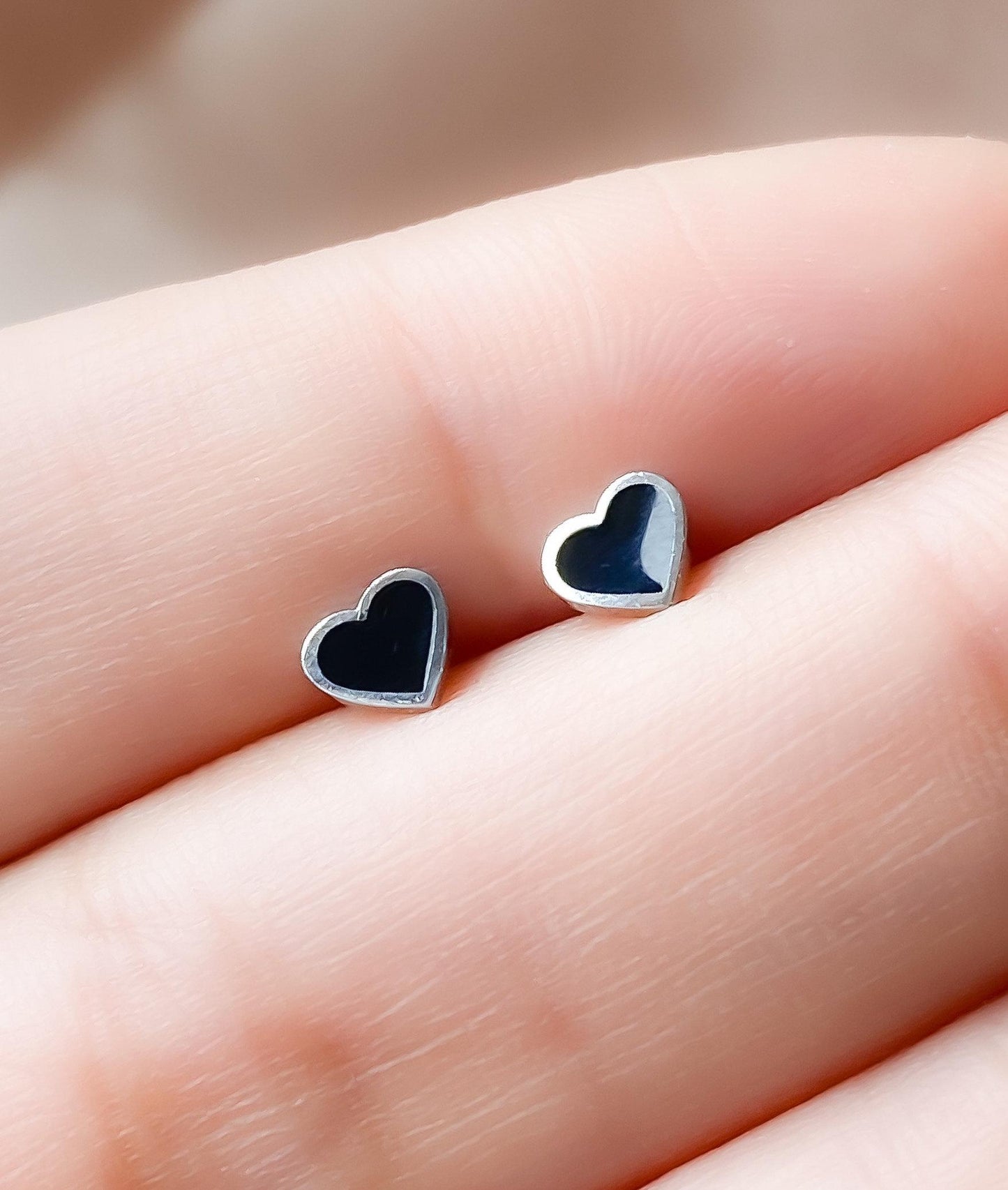 Tiny Black Heart Screw Back Earrings - Hypoallergenic Surgical Steel