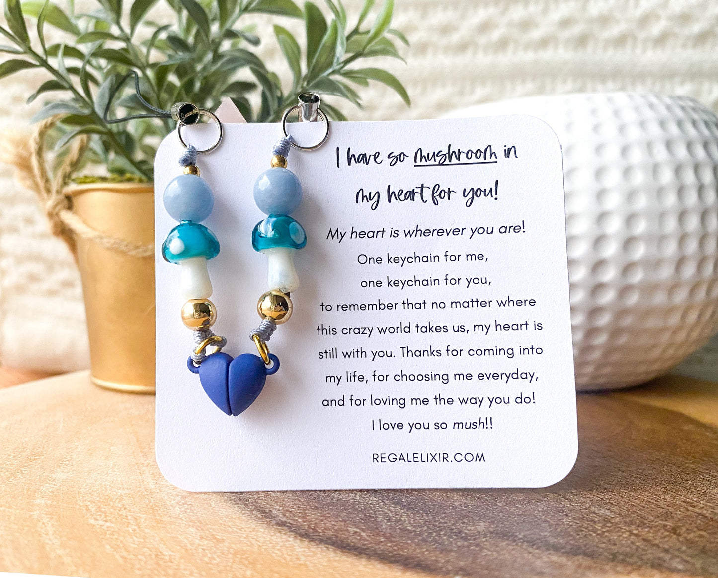 Angelite & Mushroom Magnetic Heart Keychain