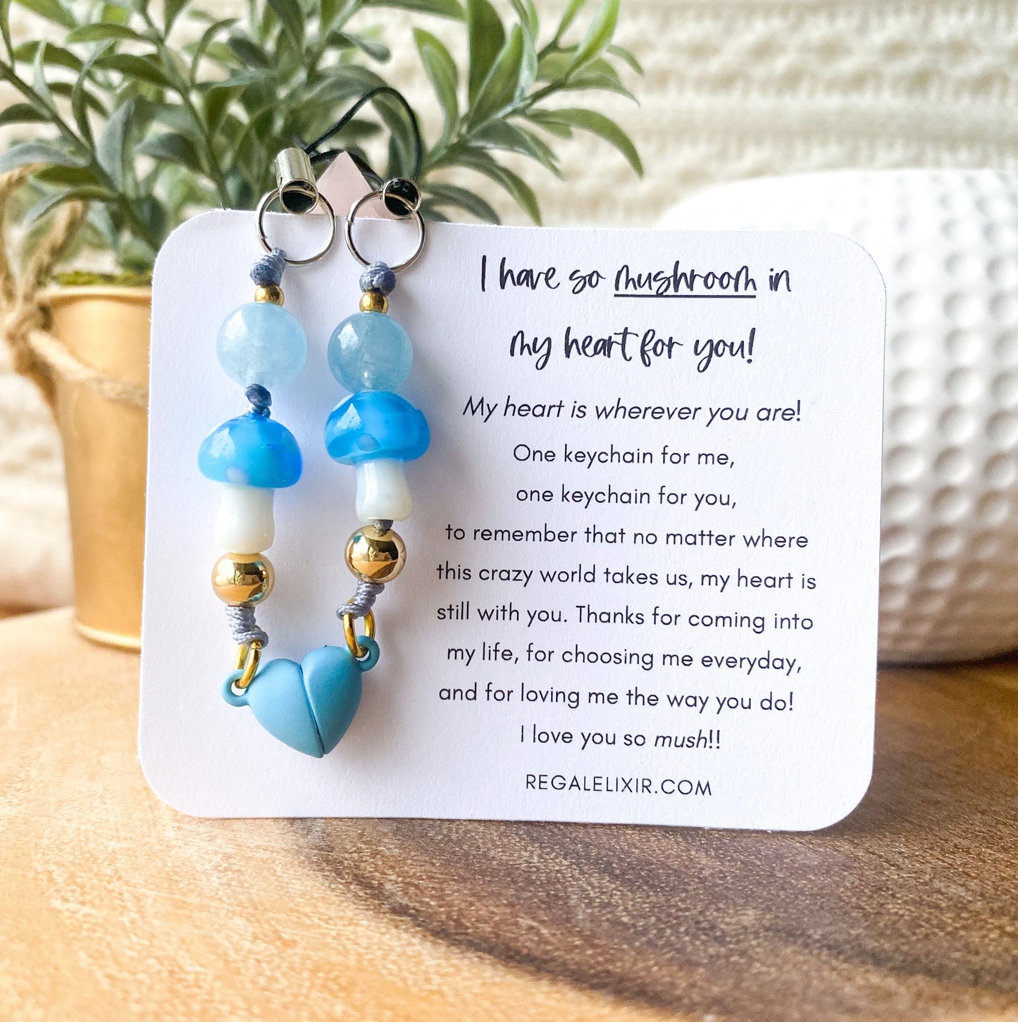 Aquamarine & Mushroom Magnetic Heart Keychain