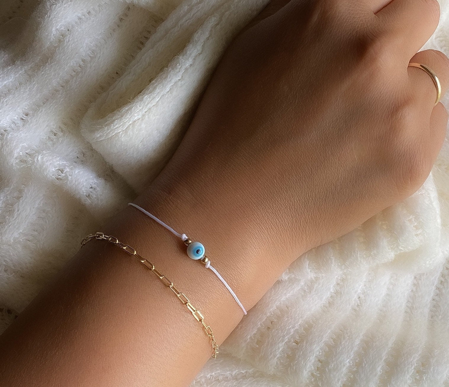 White Evil Eye Bracelet - Round Bead