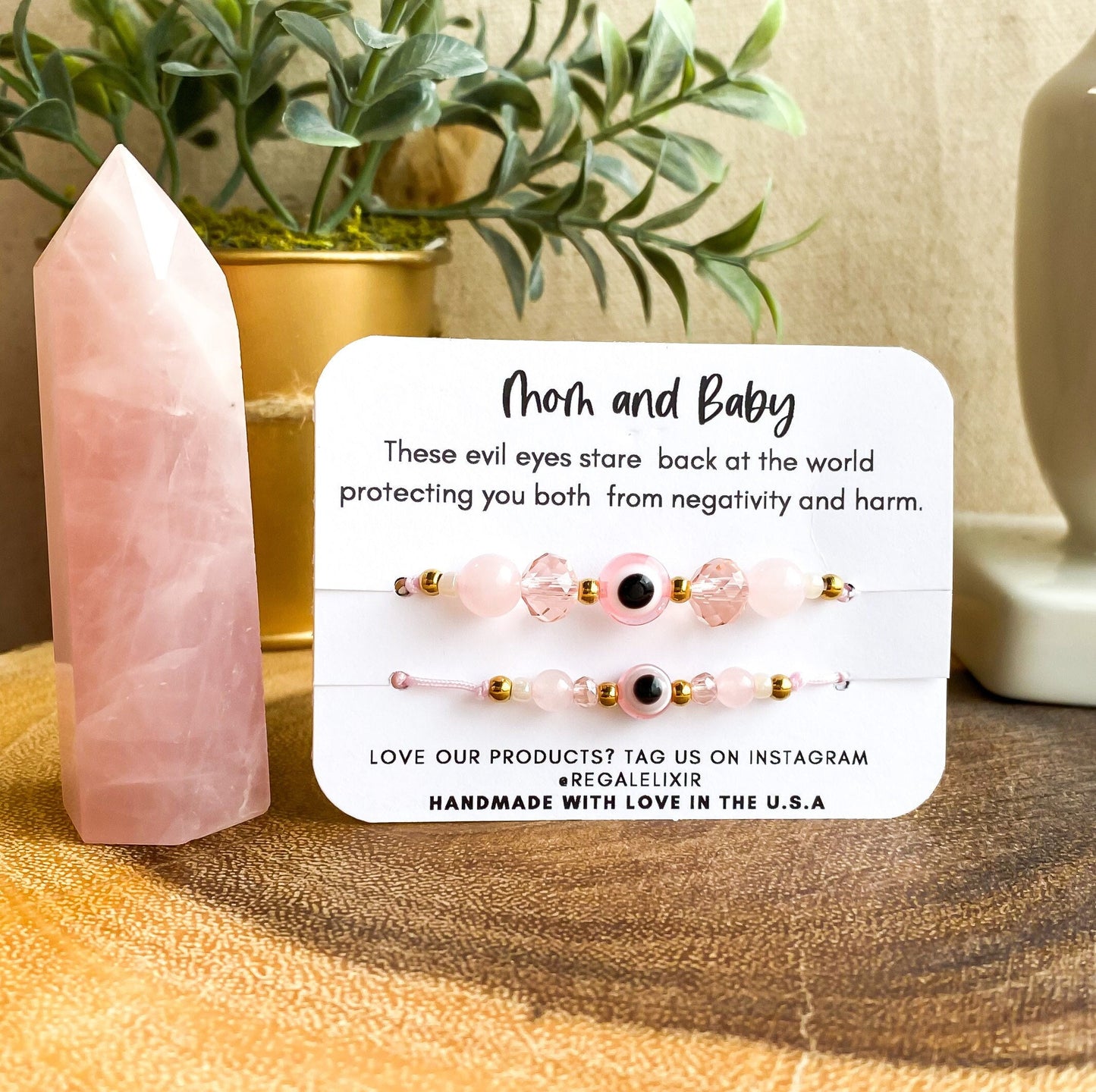 Mom & Me Evil Eye Set with Rose Quartz