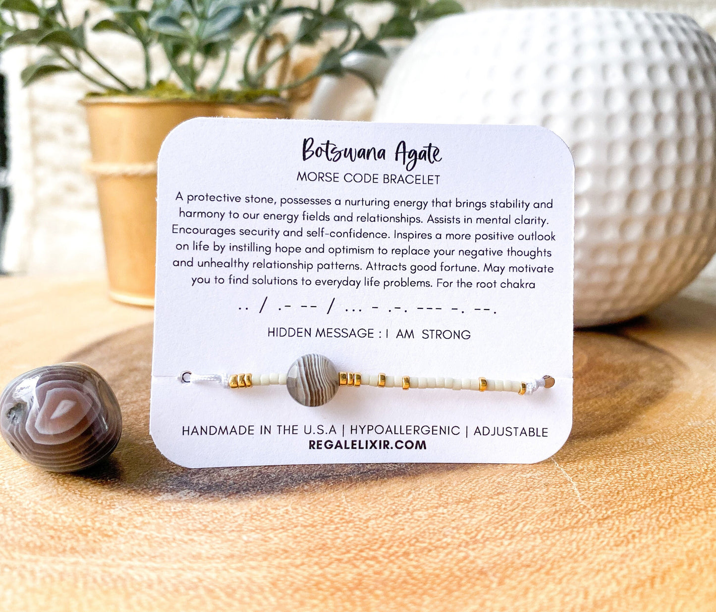 Botswana Agate coin bracelet | I AM STRONG morse code