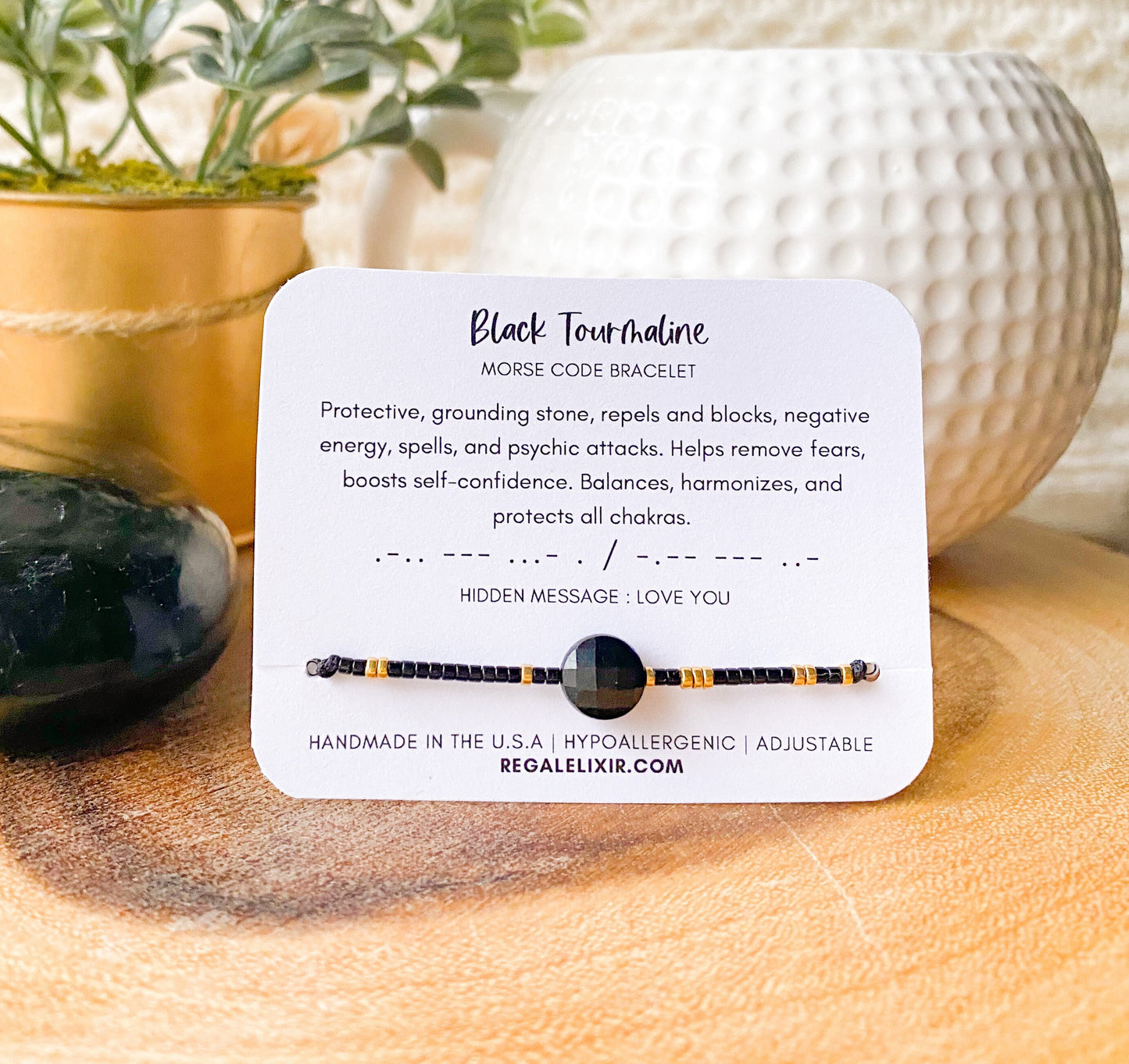 Black Tourmaline coin bracelet | LOVE YOU - Morse code