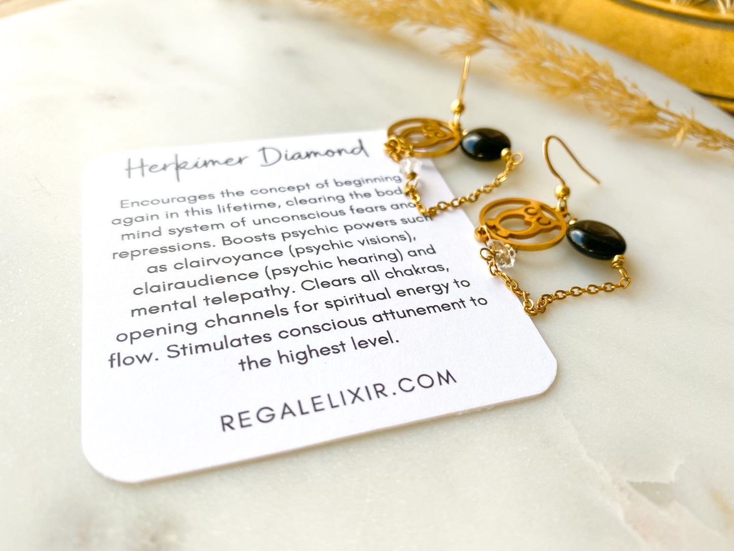 Black Onyx | Herkimer Diamond Owl Earrings