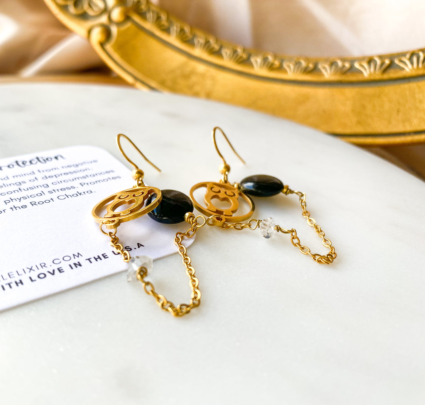 Black Onyx | Herkimer Diamond Owl Earrings