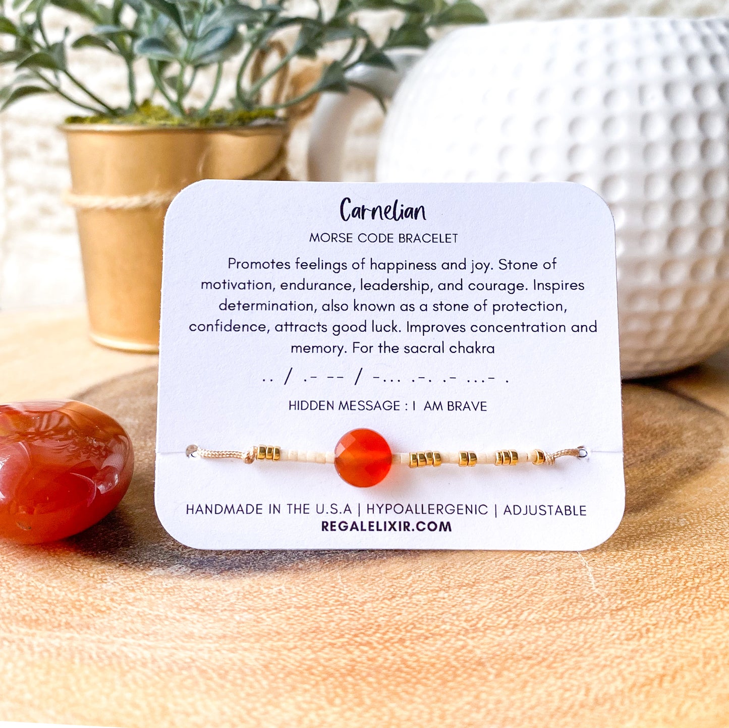 Carnelian coin bracelet | I AM BRAVE - Morse code
