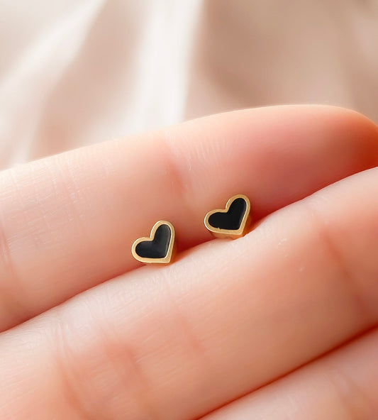 Tiny Black Heart Screw Back Earrings - Hypoallergenic Surgical Steel