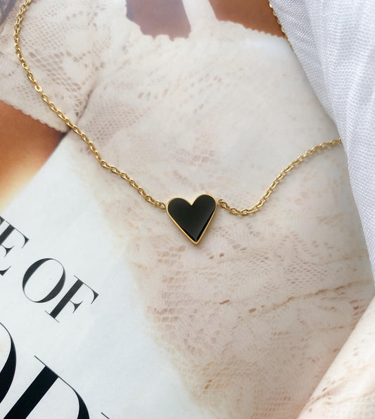 Black Heart Necklace - Dainty Gold Heart Charm