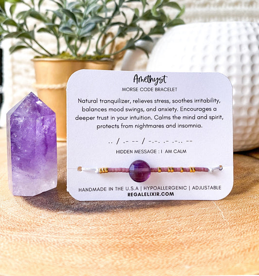 Amethyst coin bracelet | I AM CALM  - Morse code